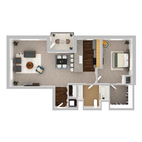 Floor plan for 1 bed, 1 bath, 967 sqft